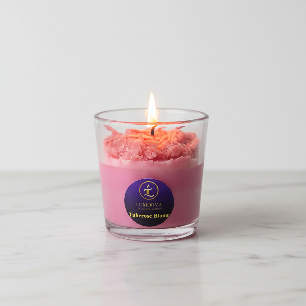 Lumorya TubeRose Bloom Rajnigandha floral scented candle – handcrafted, premium fragrance, made in Nagpur